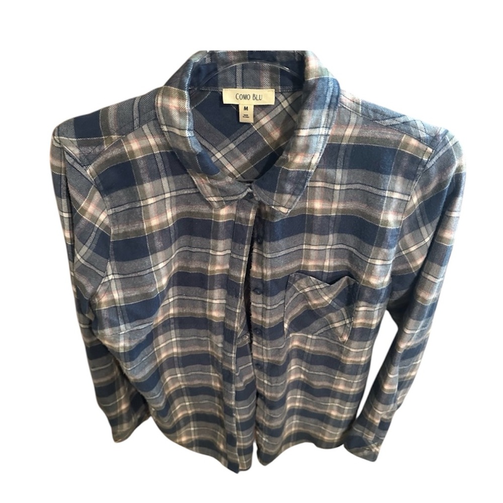 Como Blu Blue Plaid Flannel Shirt with Ruffled Back